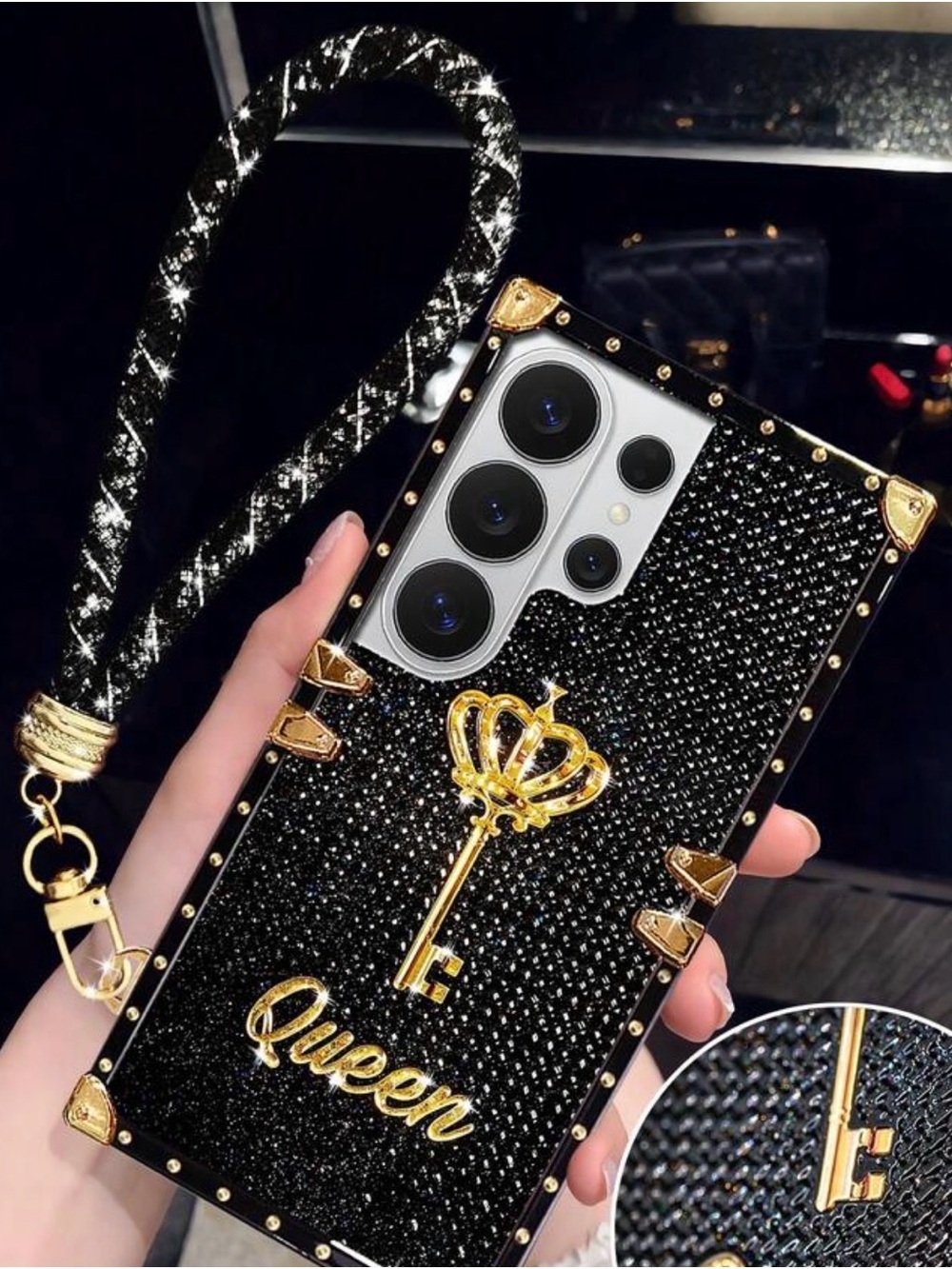 Luxury 'Queen' Black Rhinestone Phone Case with Gold Key Accent